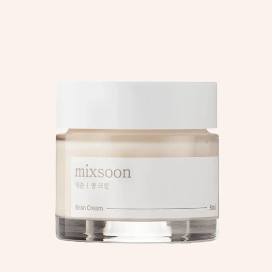 Mixsoon Bean Cream 50ml – durchscheinender runder Tiegel mit silbernem Deckel und weißem Etikett vor Schwarz