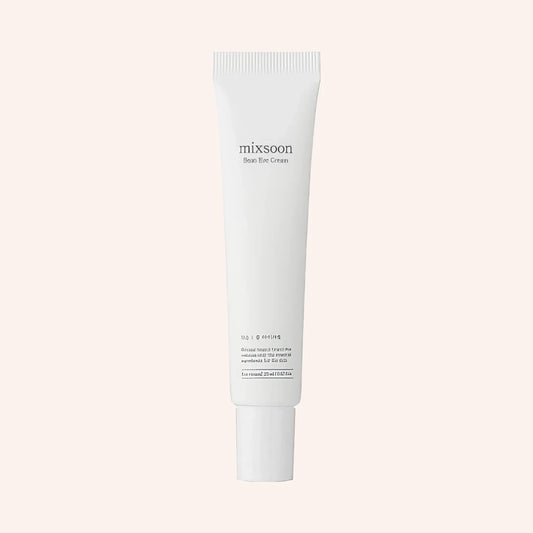 Mixsoon Bean Eye Cream 20ml – weiße Tube mit Pumpkopf und transparentem Abschnitt vor schwarzem Hintergrund