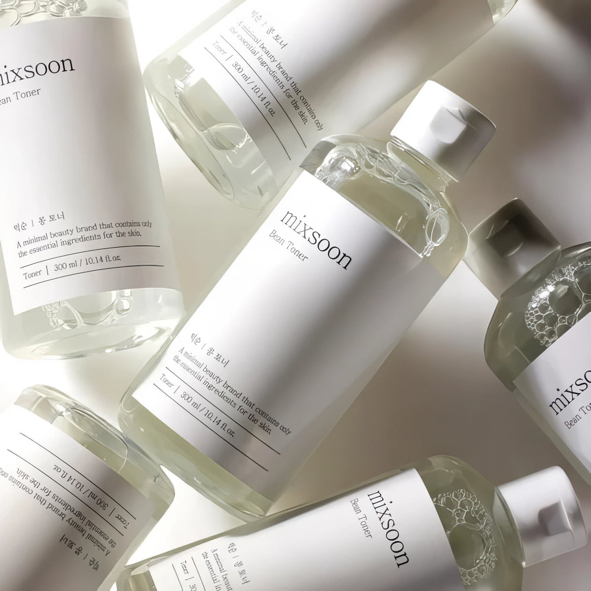 Mixsoon Bifida Toner 300ml – drei Flaschen derselben Serie nebeneinander, minimalistisch und modern