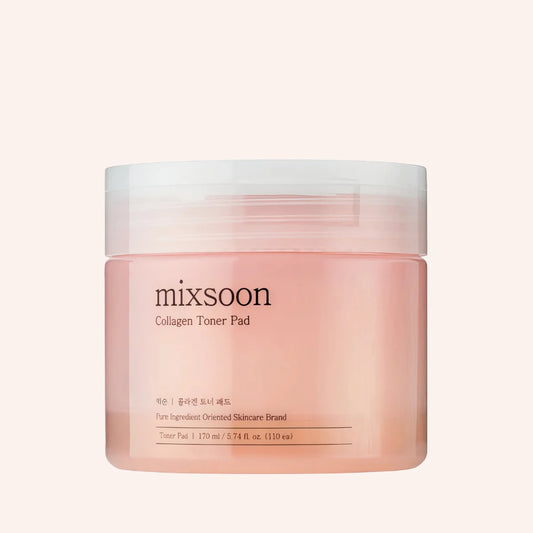 Mixsoon Collagen Toner Pad 170ml/110Stück. – runde Dose mit weißem Deckel auf dunklem Grund