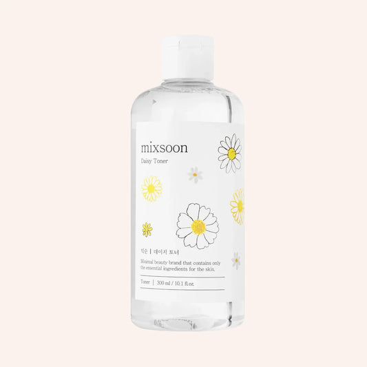 Mixsoon Daisy Toner 300ml – Flasche mit weißem Deckel und gelb-grünem Blütenetikett auf weißem Grund
