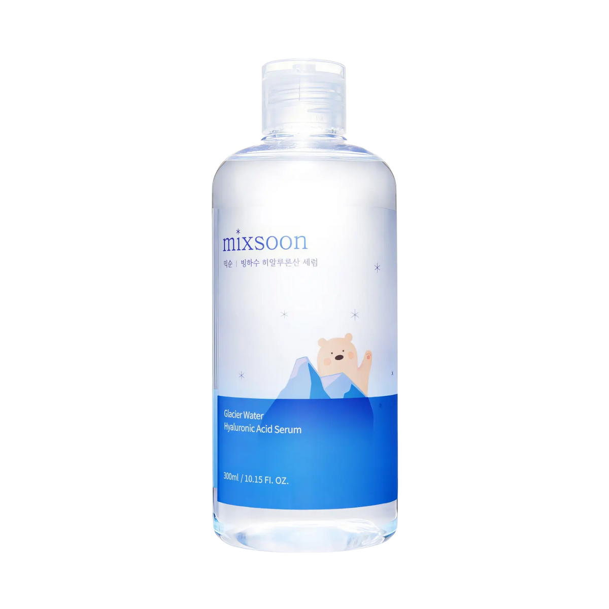 Mixsoon Glacier Water Hyaluronic Acid Serum 100ml – Flasche mit hellblauem Musteretikett vor dunklem Hintergrund