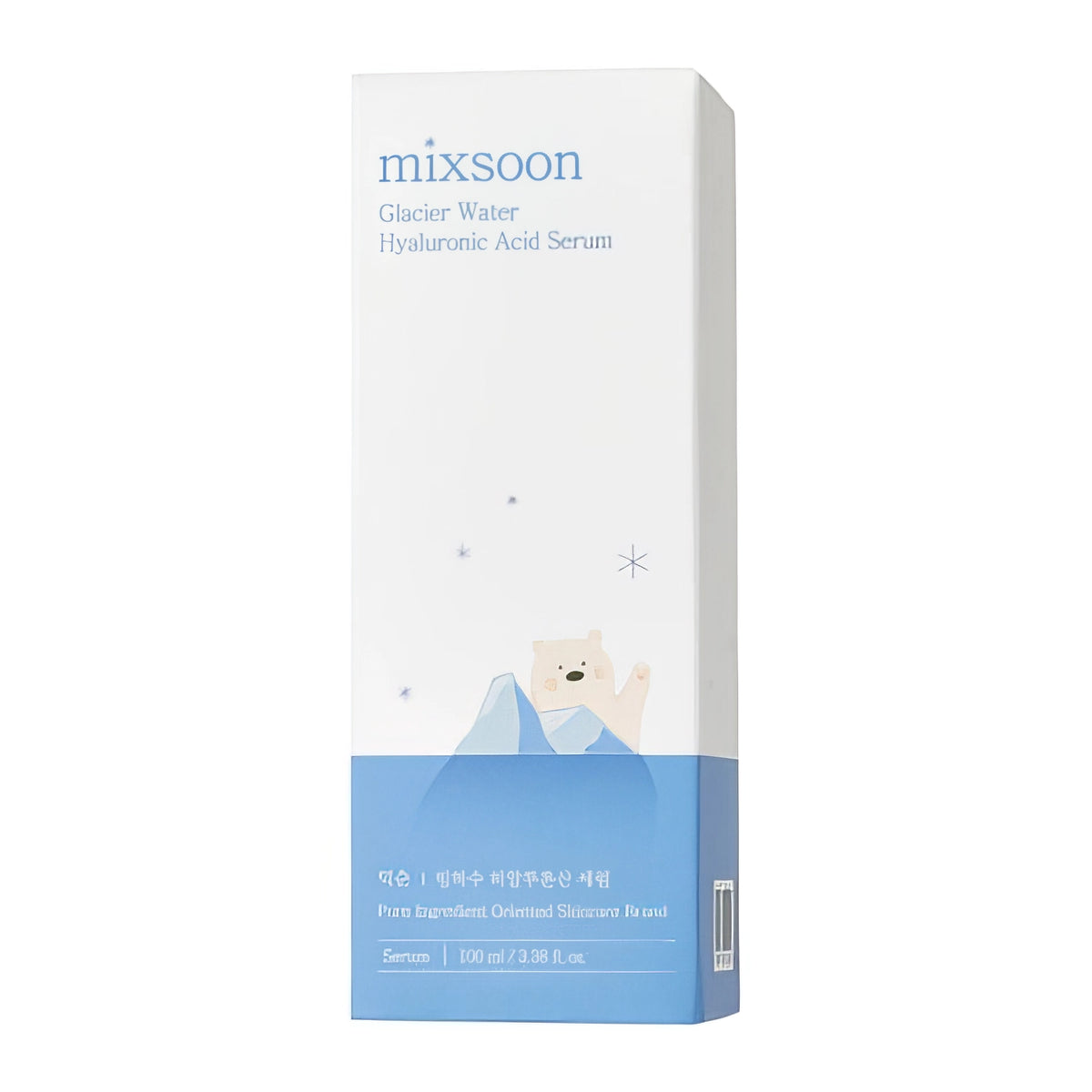 Mixsoon Glacier Water Hyaluronic Acid Serum 100ml – weiße Umverpackung mit Wasser im Bild