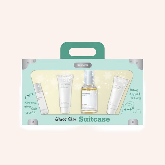 Mixsoon Glass Skin Suitcase – Set-Karton mit Koffer-Illustration und weiß-grüner Schrift auf hellblauem Grund