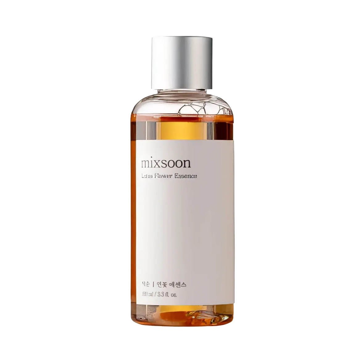Mixsoon Lotus Flower Essence 100ml – klare Flasche mit silbernem Deckel vor Schwarz