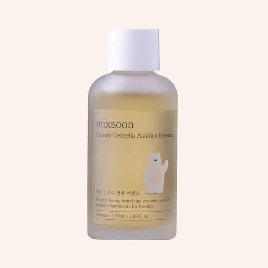 Mixsoon Soondy Centella Asiatica Essence 50ml – rechteckige transparente Pumpflasche mit klarer Flüssigkeit