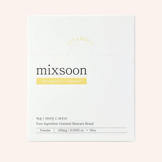 Mixsoon Vitamin C Powder 10x100mg – rechteckige Packung mit gelbem Etikett und weiß-schwarzer Schrift