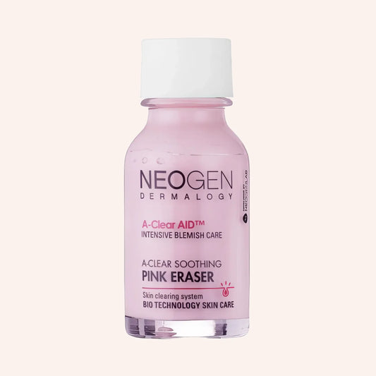 Neogen Dermalogy A-Clear Soothing Pink Eraser 15ml – Pipettenflasche mit weißem Etikett und rosa Akzenten auf rosa Grund