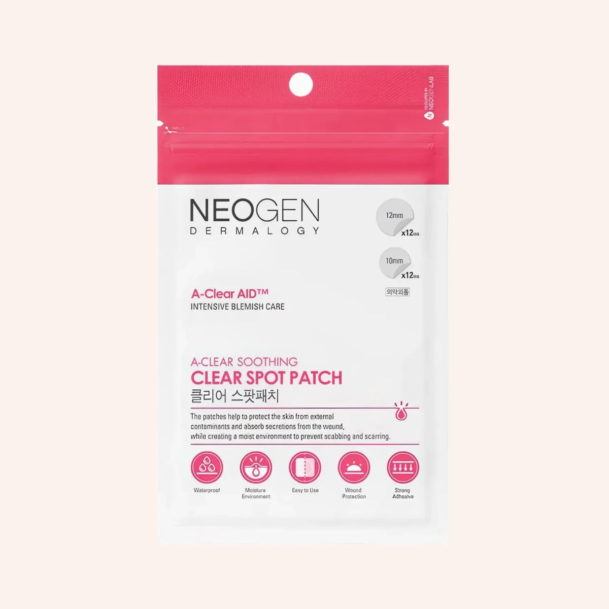 Neogen Dermalogy A-Clear Soothing Spot Patch 24St. – Weiße Packung mit roten Akzenten, freigestellt auf weißem Grund