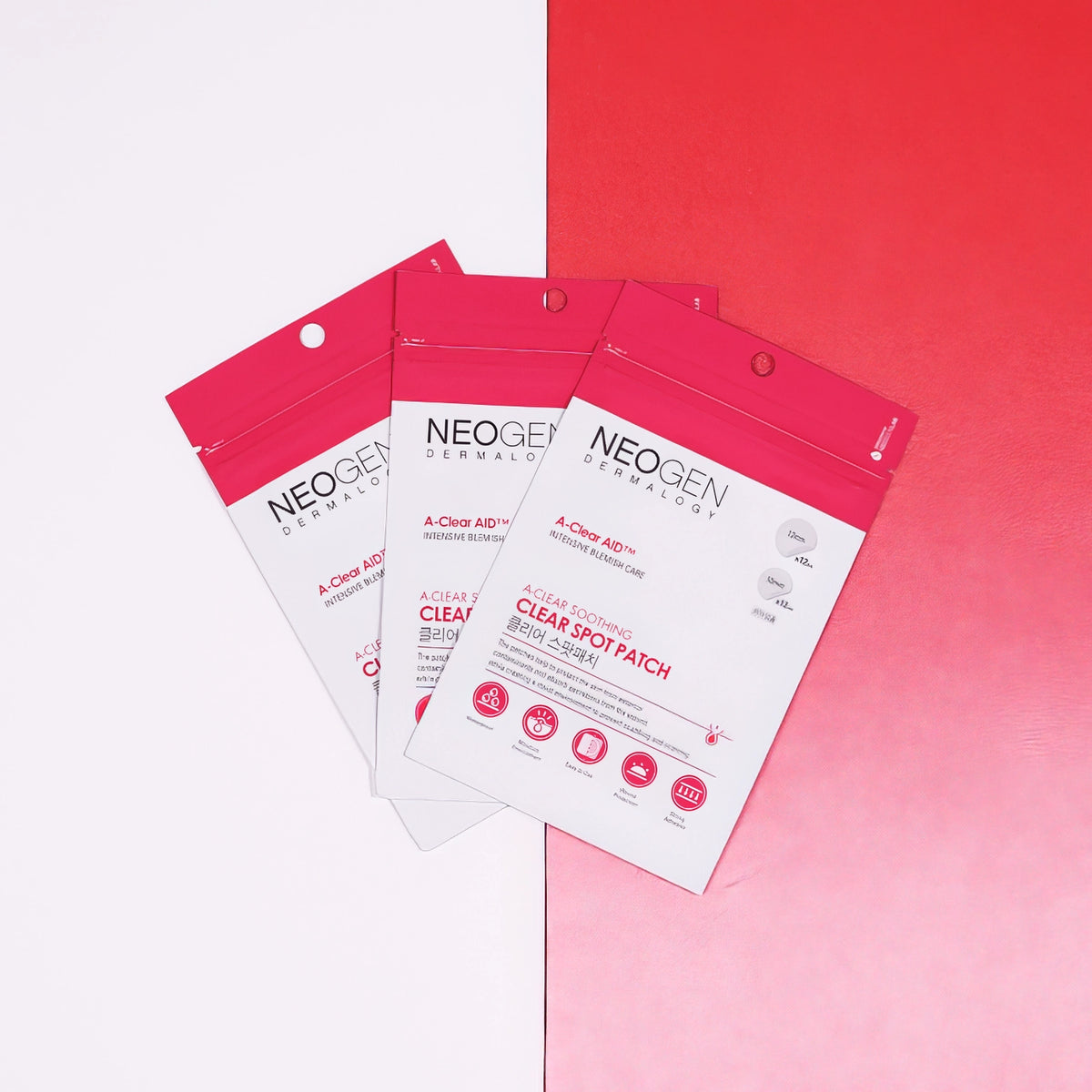 Neogen Dermalogy A-Clear Soothing Spot Patch 24St. – Drei Packungen in Rot, Weiß und Schwarz nebeneinander