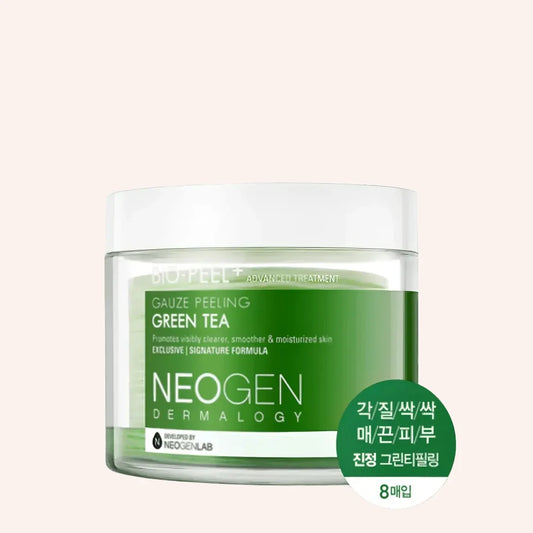 Neogen Dermalogy Bio-Peel Gauze Peeling Green Tea Trial Kit 8 Pads – grün-weißer Tiegel vor schwarzem Hintergrund