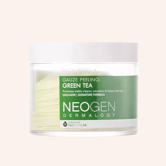 Neogen Dermalogy Bio-peel Gentle Gauze Peeling Green Tea 200ml/30St. – grün-weiße Pad-Dose mit schwarzem Band vor Dunkel