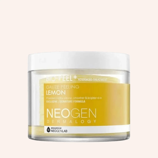 Neogen Dermalogy Bio-Peel Gentle Gauze Peeling Lemon 200ml/30St. – weiße Pad-Dose mit gelbem Etikett vor hellem Grund