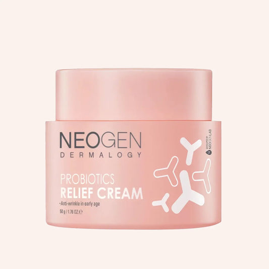 Neogen Dermalogy Probiotics Relief Cream 50g – rosa gestaltete Tube mit Schrift und Bildelementen auf rosa Grund