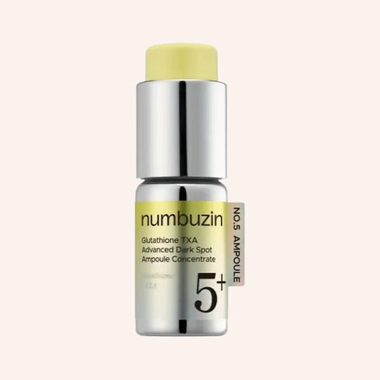 Numbuzin No.5 Glutathione TXA Advanced Dark Spot Ampoule Concentrate 10.7g – klare Flasche mit Silberkappe, gelblicher Inhalt