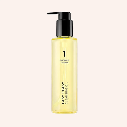 Numbuzin No.1 Easy Peasy Cleansing Oil 200ml – klare Pumpflasche mit gelbem Etikett vor schwarzem Hintergrund