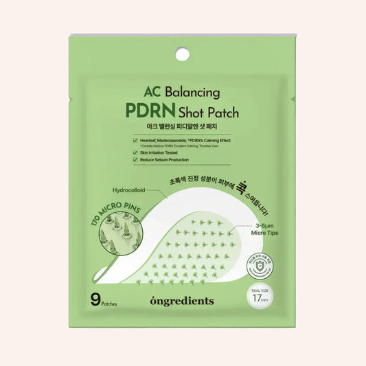 Ongredients AC Balancing PDRN Shot Patch 9St – Grün-weiße Schachtel mit rechteckigem Etikett oben und Abbildung einer Figur