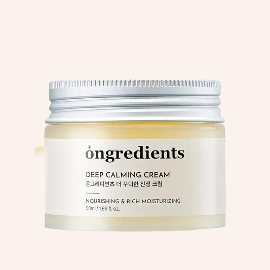 Ongredients Deep Calming Cream 50ml – Klarer Kunststofftiegel mit cremefarbenem Etikett und schwarzer Schrift