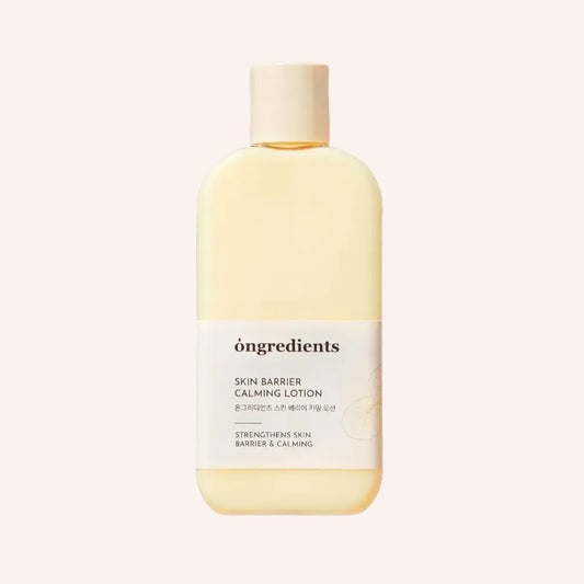 Ongredients Skin Barrier Calming Lotion 220ml – Flasche mit weiß-grünem Etikett vor Schwarz