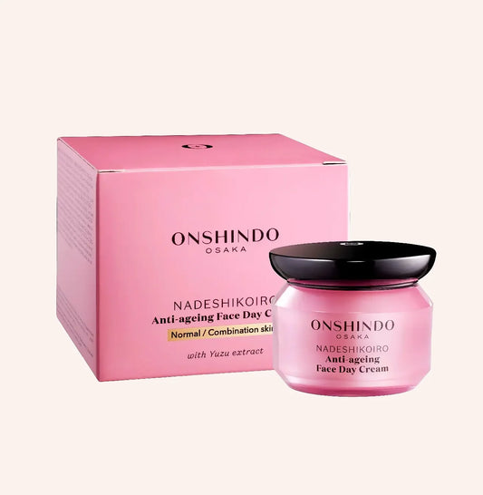 Onshindo Osaka Nadeshikoiro – Face Day Cream (Normal-Combination Skin) 50ml – Glastiegel mit rosa Creme und schwarzem Deckel