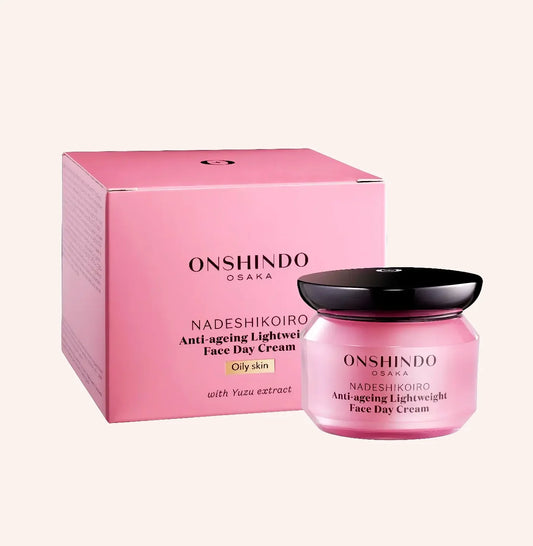 Onshindo Osaka Nadeshikoiro – Lightweight Face Day Cream (Oily Skin) 50ml – rosa-weißer Tiegel mit schwarzem Deckel