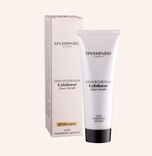 Onshindo Osaka Oshiroibana face scrub (all skin types) 75ml – klare Kunststofftube mit Etikett, mittig auf Hell