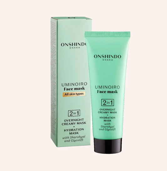 Onshindo Osaka Uminoiro overnight creamy/hydration face mask (all skin types) 75ml – weiß-türkiser Karton auf dunklem Grund