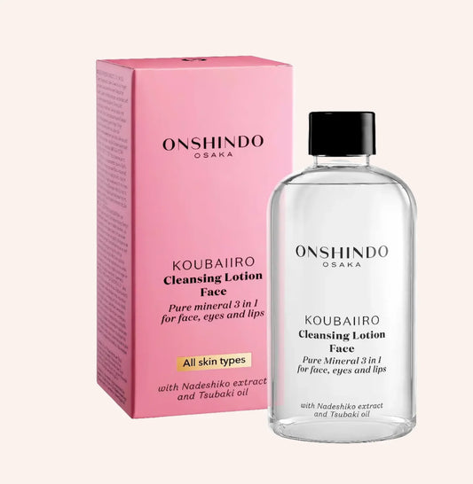 Onshindo Osaka Koubaiiro Pure Mineral 3 in 1 Cleansing Lotion 250ml – rosa Karton vor schwarzem Hintergrund