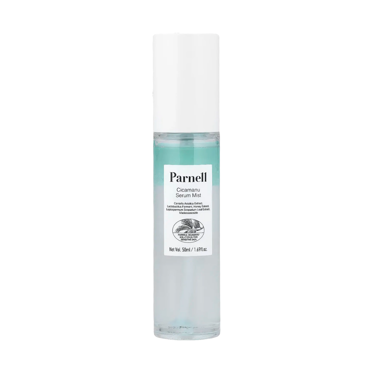 Parnell Cicamanu Serum Mist 50ml – transparente Flasche mit weißer Kappe, aufrecht vor schwarzem Hintergrund