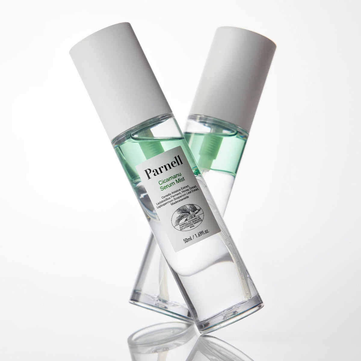 Parnell Cicamanu Serum Mist 50ml – zwei Flaschen nebeneinander mit Blättern