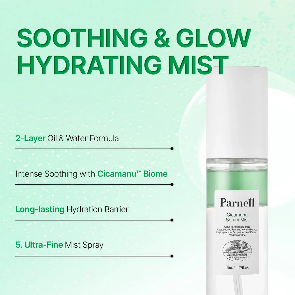 Parnell Cicamanu Serum Mist 50ml – weiße Sprühflasche mit Pumpkopf und Etikett vor hellblauem Hintergrund