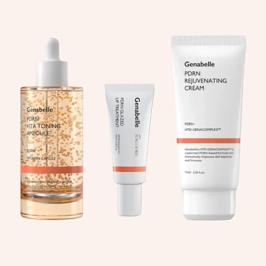 Anti-Aging PDRN Trio – Drei Pflegeartikel in einer Reihe auf Dunkel, links Pipettenflasche mit Goldserum