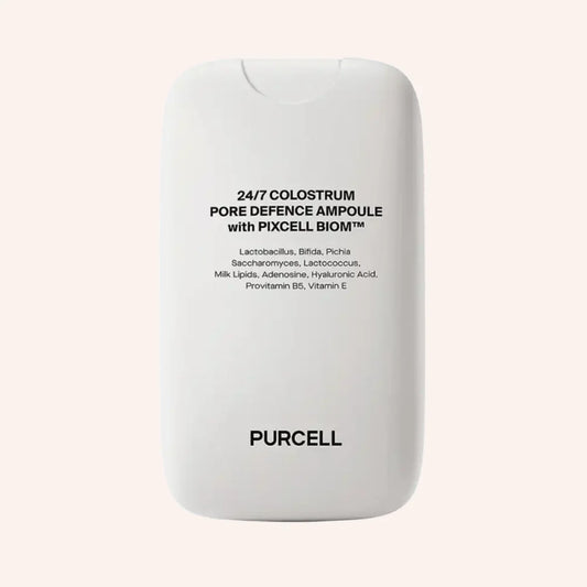 Purcell 24/7 Colostrum Pore Defence Ampoule 55ml – weißer Behälter mit weißem Etikett vor Schwarz