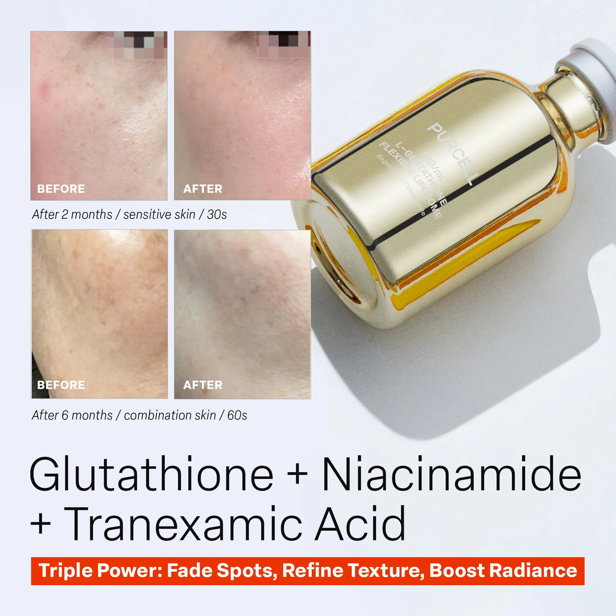 Purcell 88B/mL L Glutathione Flexible Liposome Brightening Facial Serum 30ml – Pipettenflasche mit Goldkappe, weißes Etikett