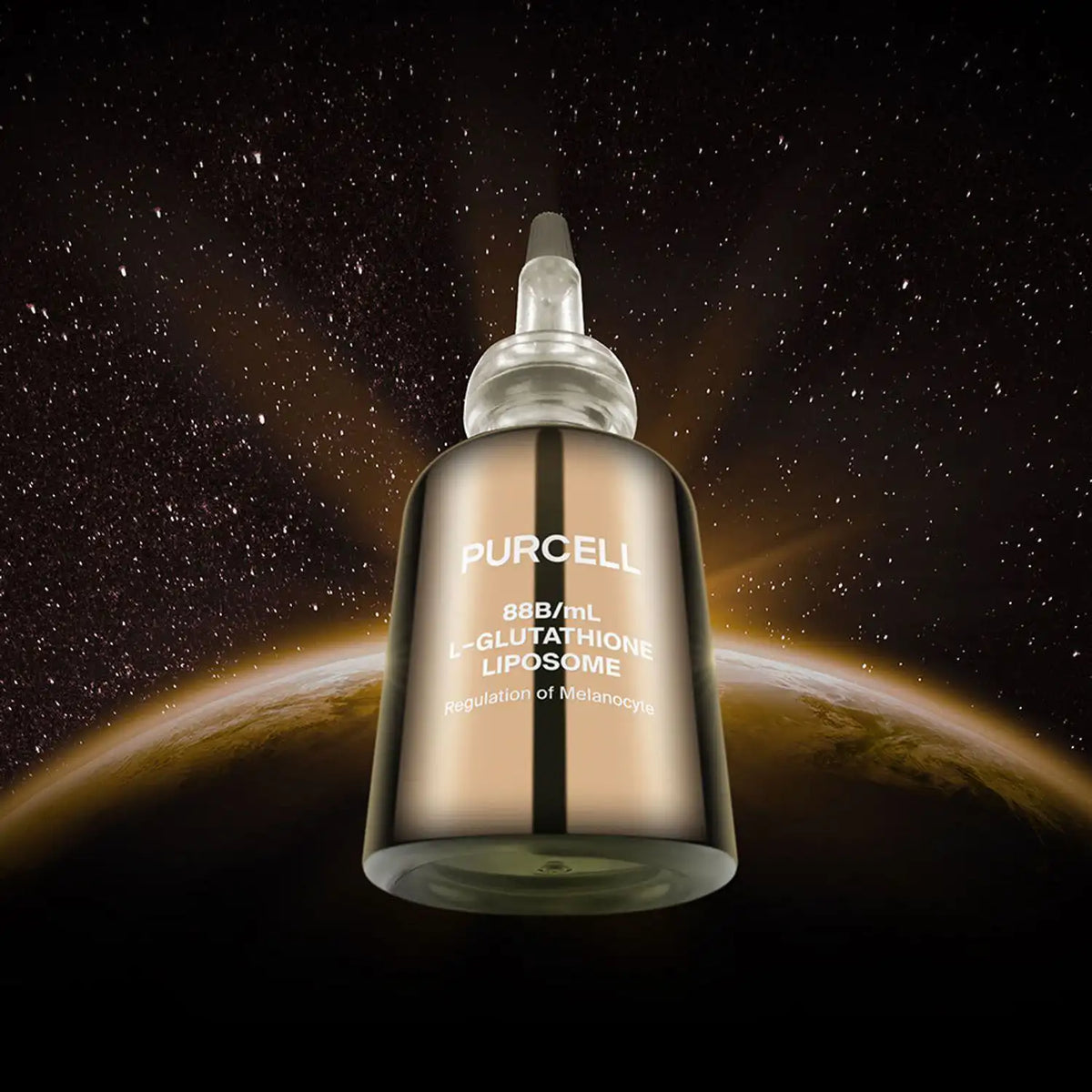 Purcell 88B/mL L Glutathione Flexible Liposome Brightening Facial Serum 30ml – Glasflasche mit Pipette vor Sternenhimmel