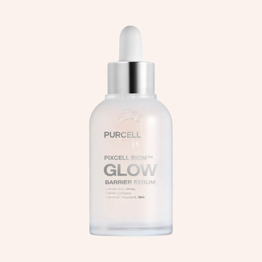 Purcell Pixcell Biom Glow Barrier Serum 50ml – Flasche mit dunkler Schrift vor schwarzem Hintergrund