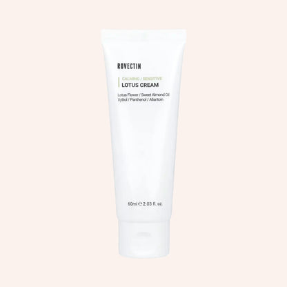 Rovectin Calming Lotus Cream 60ml – weiße Tube aufrecht vor dunklem, strukturiertem Hintergrund
