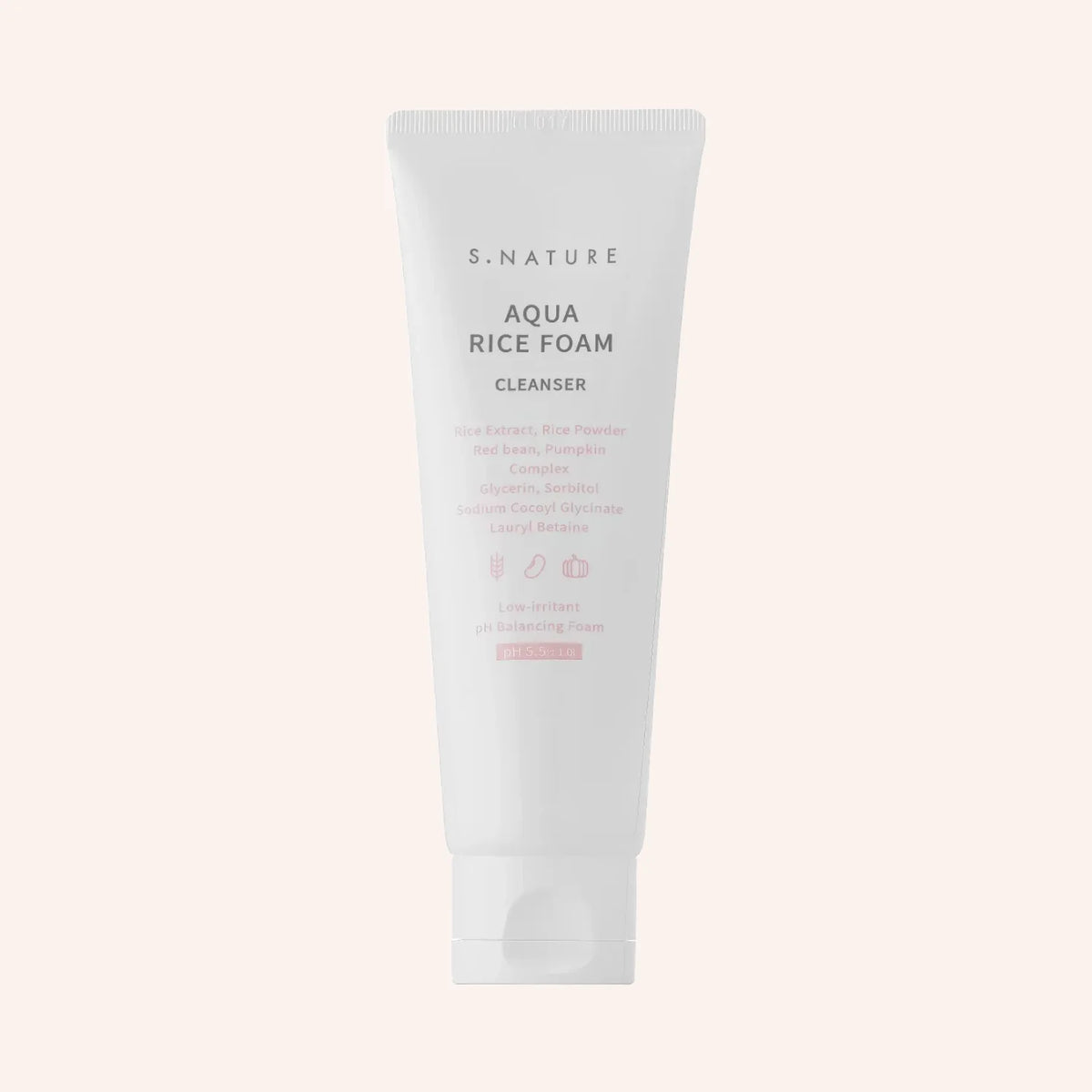 S.Nature Aqua Rice Foam Cleanser 80ml – Weiße Tube mit roter Schrift vor schwarzem Hintergrund
