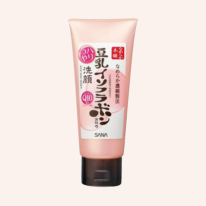 Sana Nameraka Honpo Haritsuya Q10 Face Wash 150g – Tiegel mit weißem Etikett und japanischer Schrift, mittig platziert