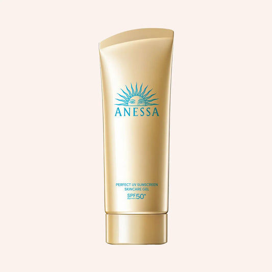 Shiseido Anessa Perfect UV Sunscreen  Skincare gel SPF50+ PA++++ 90g – klare Tube mit hellbraunem Farbverlauf auf Schwarz