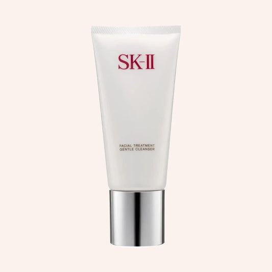 SK-II Facial Treatment Cleanser 120g – Tube mit weißem Körper, silberner Kappe und rotem Schriftzug, aufrecht stehend