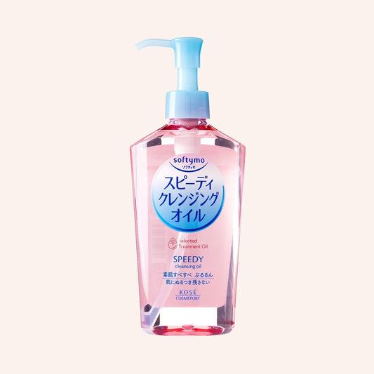 Softymo Speedy Cleansing Oil 240ml – transparente Flasche mit rosa Etikett vor Dunkel