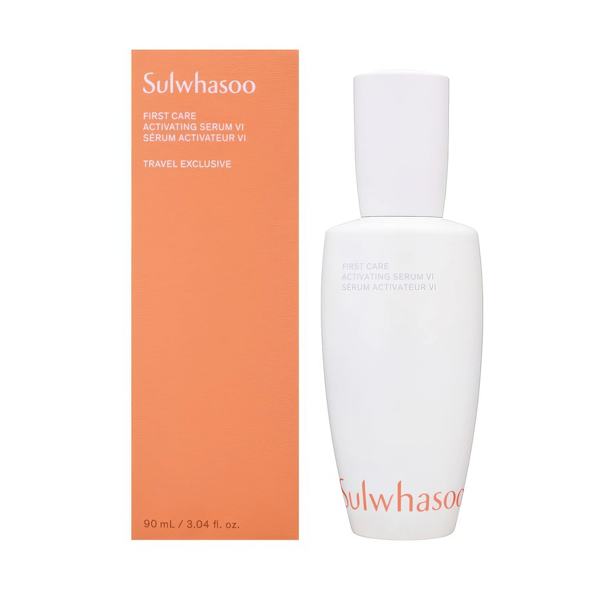 Sulwhasoo First Care Activating Serum VI 90ml – Flasche mit orangem Schimmer vor weißem Punktemuster