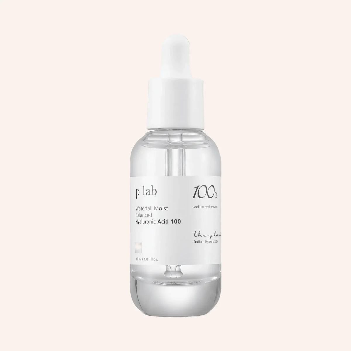 THE PLANT BASE Waterfall Moist Balanced Hyaluronic Acid 100 30ml – klare Flasche mit transparenter Kappe vor Schwarz