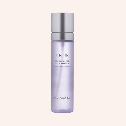TIRTIR Collagen Core Glow Essence 120ml – Glasflasche mit weißem Etikett vor schwarzem Hintergrund
