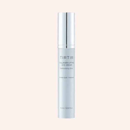 TIRTIR Collagen Lifting Eye Cream 15ml – Tube mit silberner Kappe und durchscheinendem Körper, aufrecht vor Schwarz