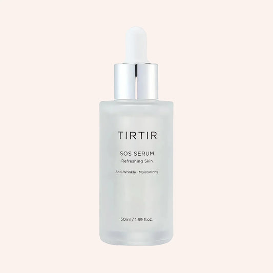 TIRTIR SOS Serum 50ml – transparente Flasche mit eingesetzter Pipette und Etikett am Hals, aufrecht stehend