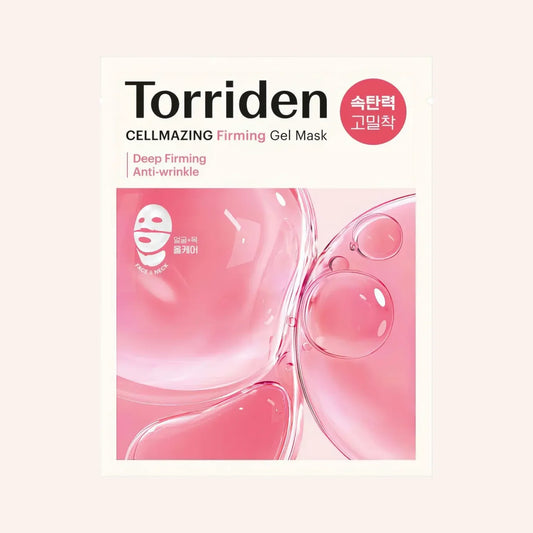 Torriden Cellmazing Firming Gel Mask 45g – Rosa-weiße Schachtel mit großem Schriftzug oben und kleinem Tiegelsymbol