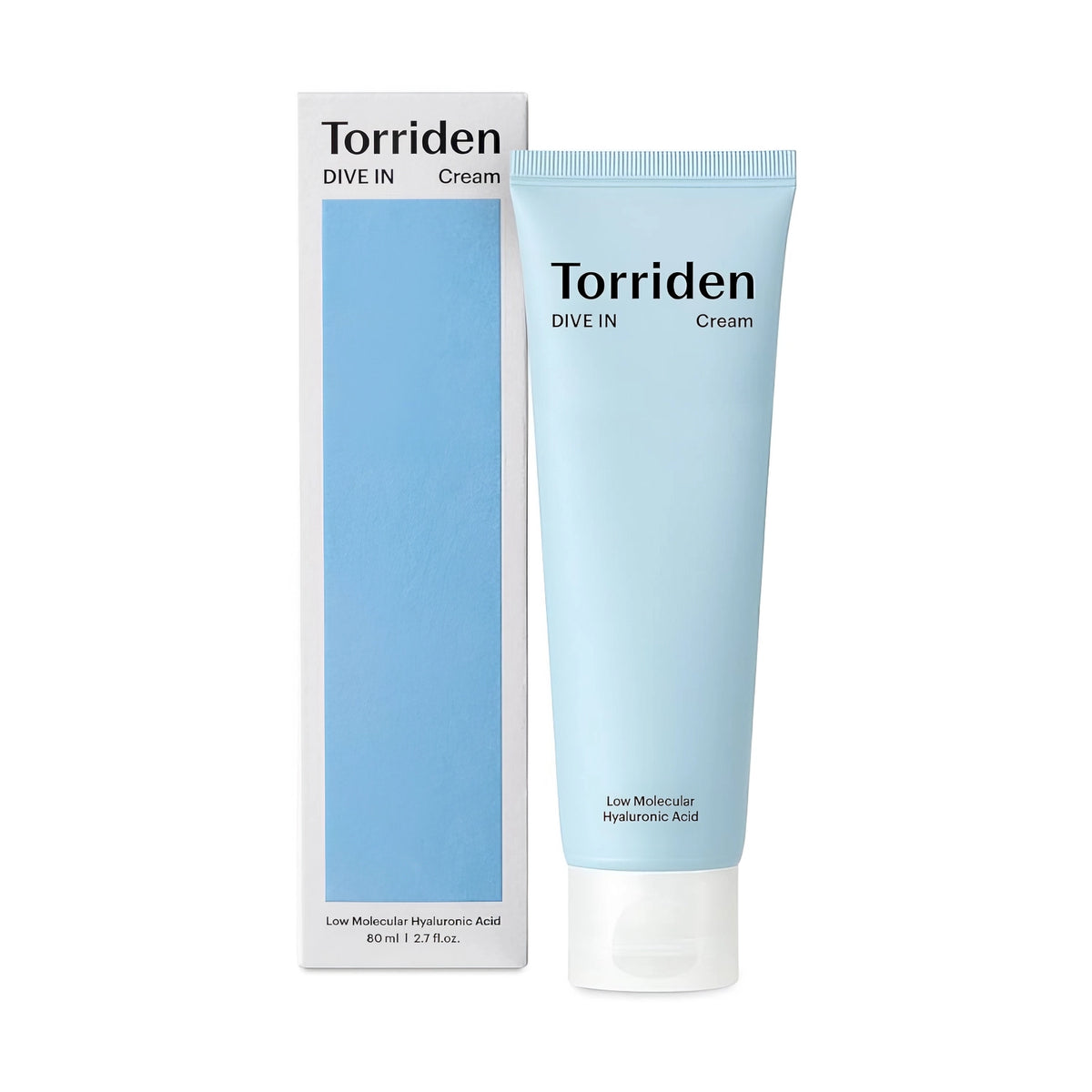 Torriden DIVE-IN Low Molecular Hyaluronic Acid Cream 80ml – stehende Tube neben dem Umkarton