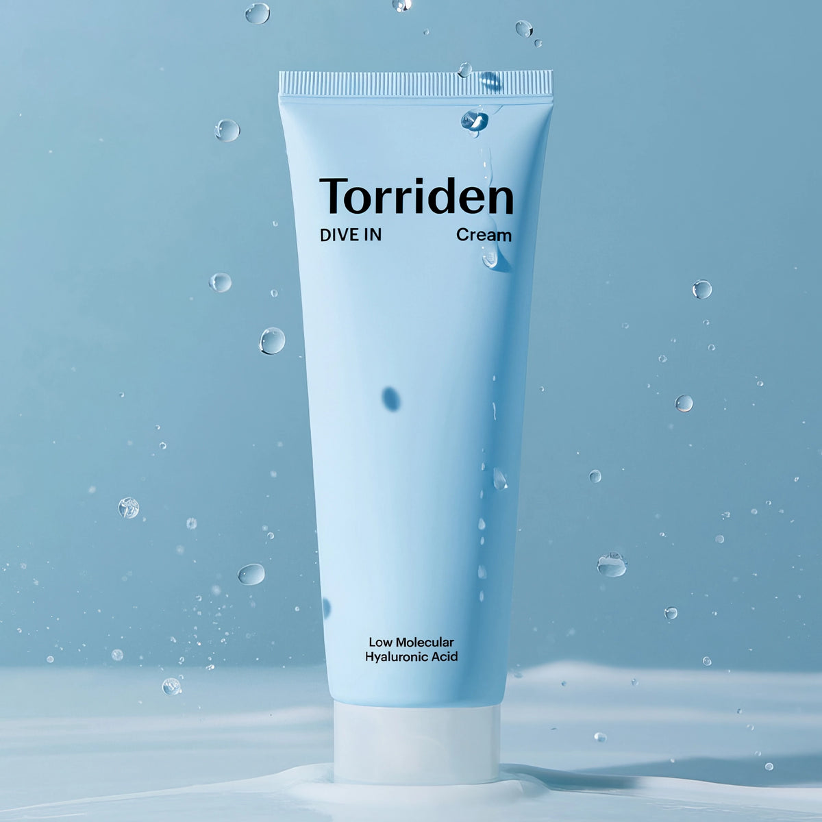 Torriden DIVE-IN Low Molecular Hyaluronic Acid Cream 80ml – Tube in zwei Ansichten auf Blau